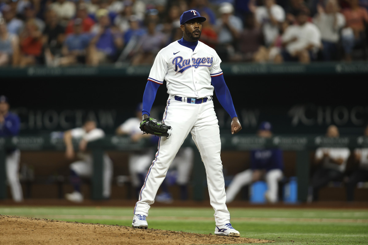 Texas Rangers relief pitcher Aroldis Chapman reacts after striking out Tampa Bay Rays designated hitter Harold Ramirez in the ninth inning Monday at Globe Life Field.